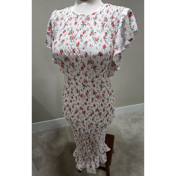 White Floral Smocked Midi Dress With Ruffled Sleeves & Keyhole Back Closure - Picture 1 of 10